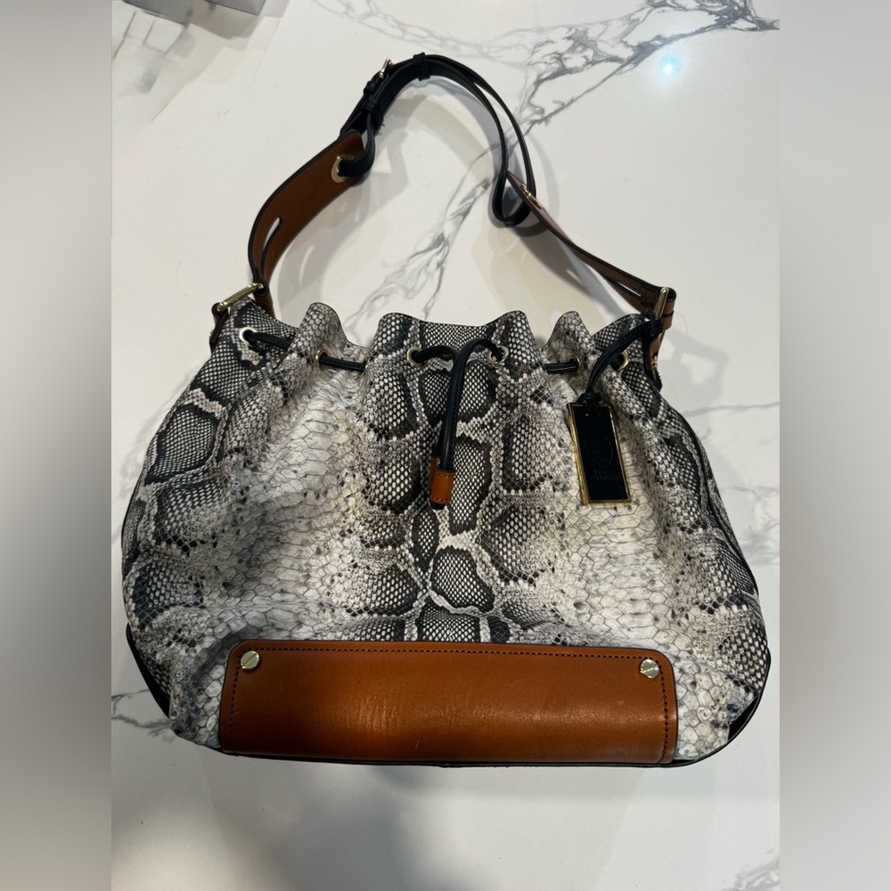 Vince Camuto, leather python, print bucket bag
